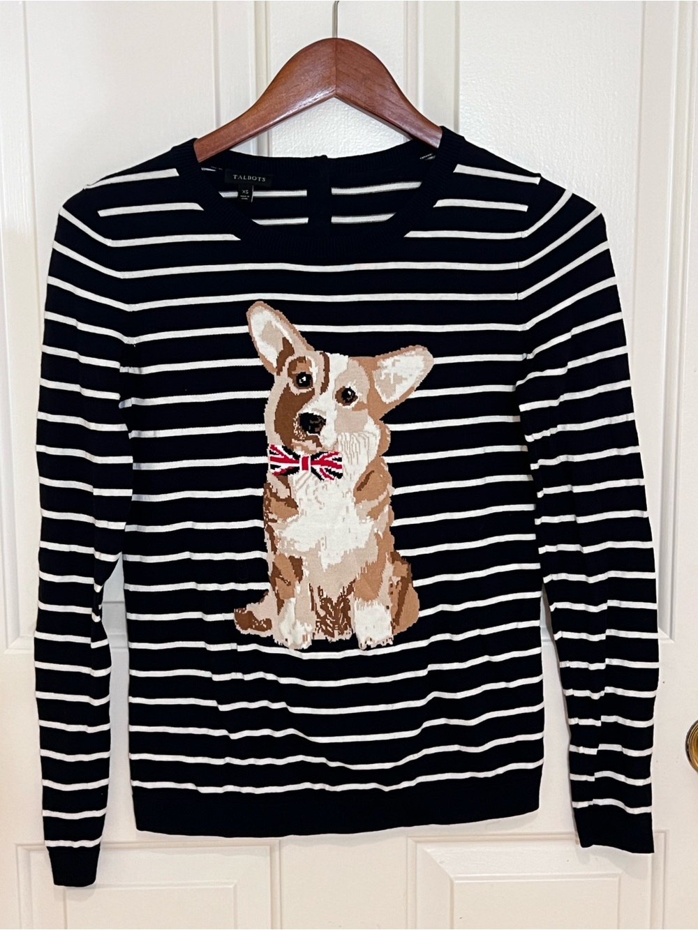Talbots Navy & White Striped Sweater with Corgi England Bow Motif